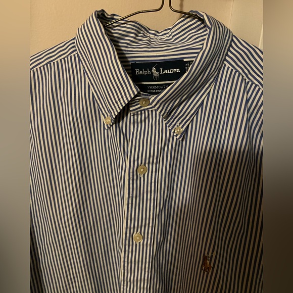 Vintage 80s Ralph Lauren Flesh Pony Blue Striped Casual Button Down 16.5 - 33 - Picture 4 of 7